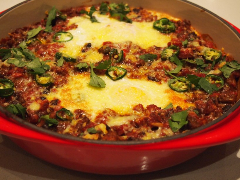 Sausage & Black Bean Chilli with Baked Eggs