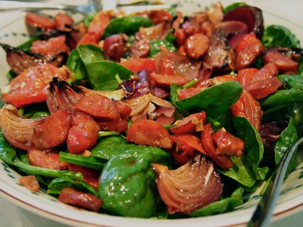 Warm Spinach Salad with Roasted Onions, Tomatoes & Chorizo