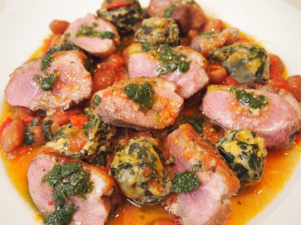 Ricotta Gnocchi with Tomato, Borlotti Bean Sauce & Roast Duck