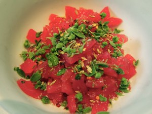 Sashimi Tuna with Fennel Seeds, Chilli & Marjoram for Crostini
