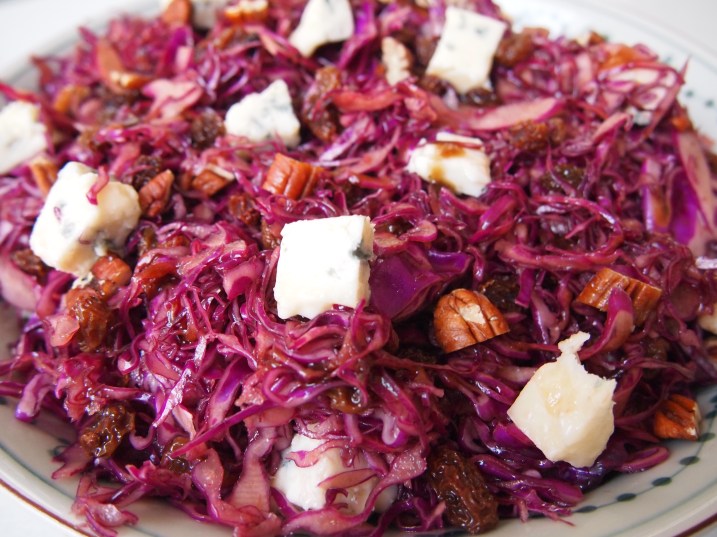 Shredded Red Cabbage, Raisin & Gorgonzola Salad with Balsamic Dressing
