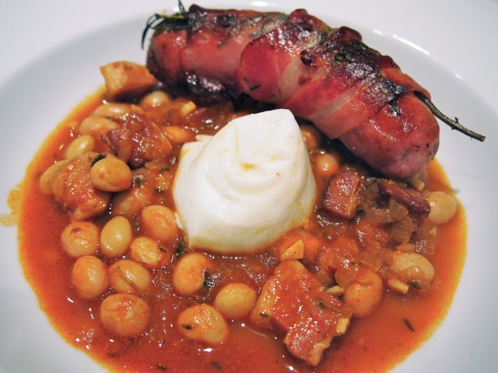 Braised Borlotti Beans with Sausages & Poached Eggs