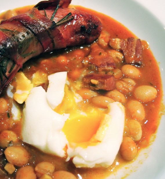Braised Borlotti Beans with Sausages & Poached Eggs