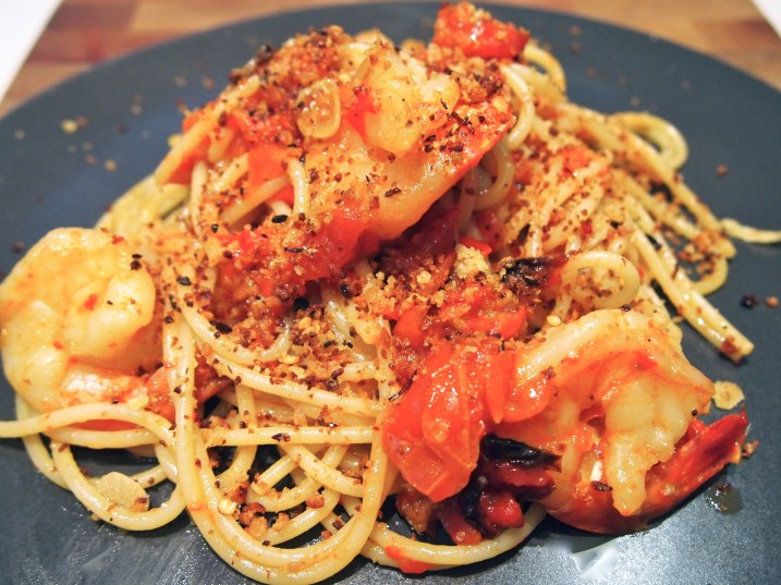 Spaghetti with Prawns, Baked Red Peppers & Pangrattato