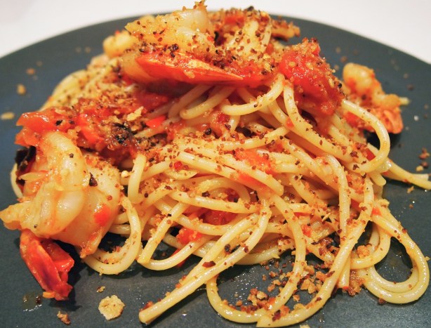 Spaghetti with Simon Hopkinson's Piedmontese Peppers, Prawns & Pangrattato