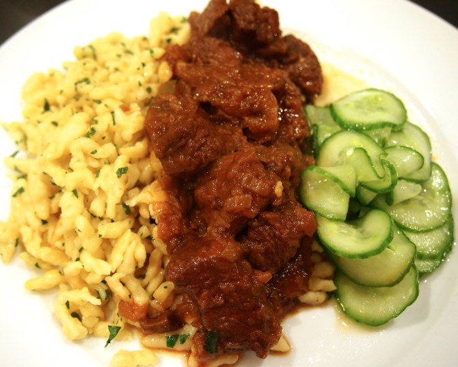 Paprika Beef Stew with Nokedli & Cucumber Salad