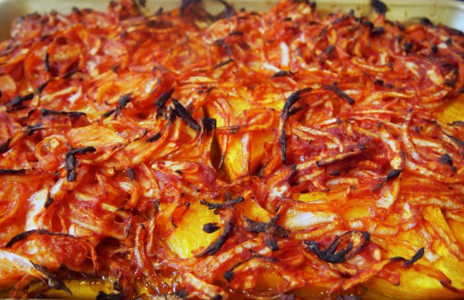 Rick Stein's Baked Pumpkin with Sun Dried Tomato Paste & Crispy Onions