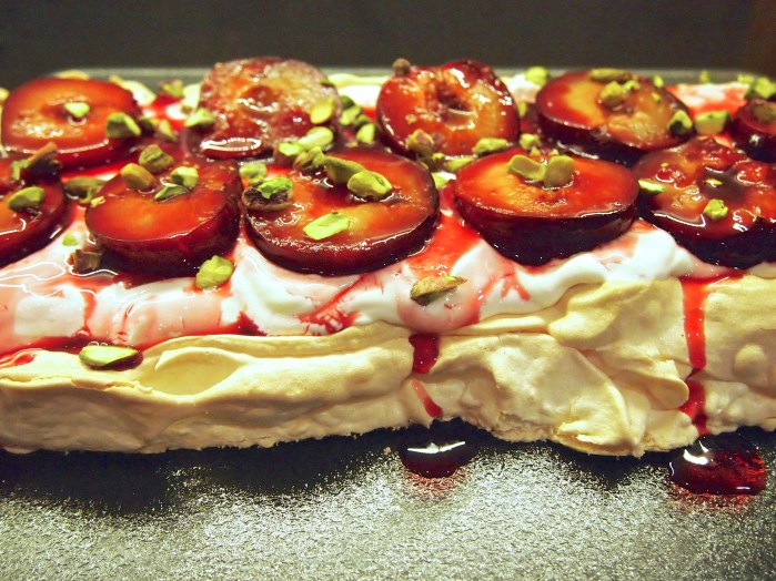 Light Thanksgiving Dessert - Roast Plum & Yogurt Pavlova 